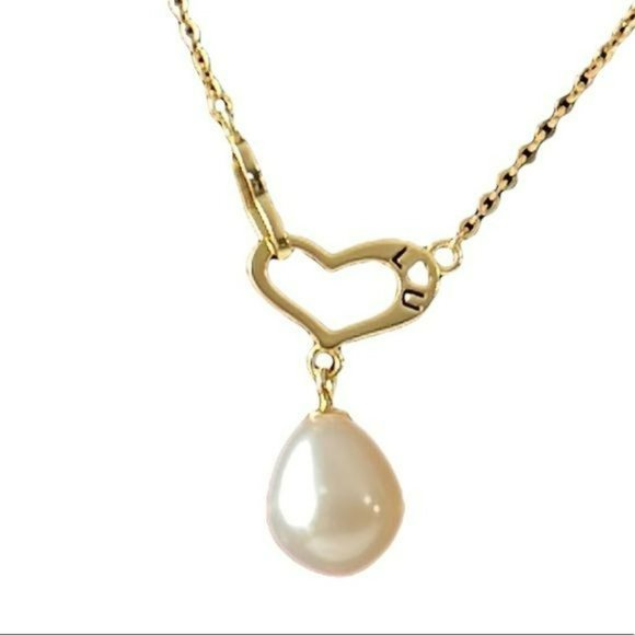 Stamped I LOVE U 18K Gold Plated Natural Drop Pearl‎ Heart Pendant Necklace 18in - Picture 5 of 14